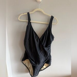 TravelSmith Black One Piece Swimsuit 20W Tummy Control Draped Ruched Classic